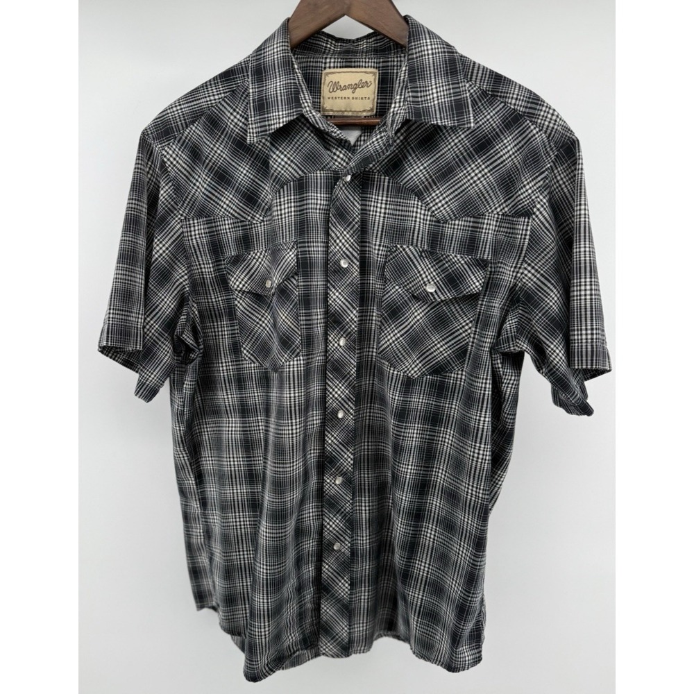 Wrangler Mens Western Shirt Black White Plaid Pearl Snap Short Sleeve